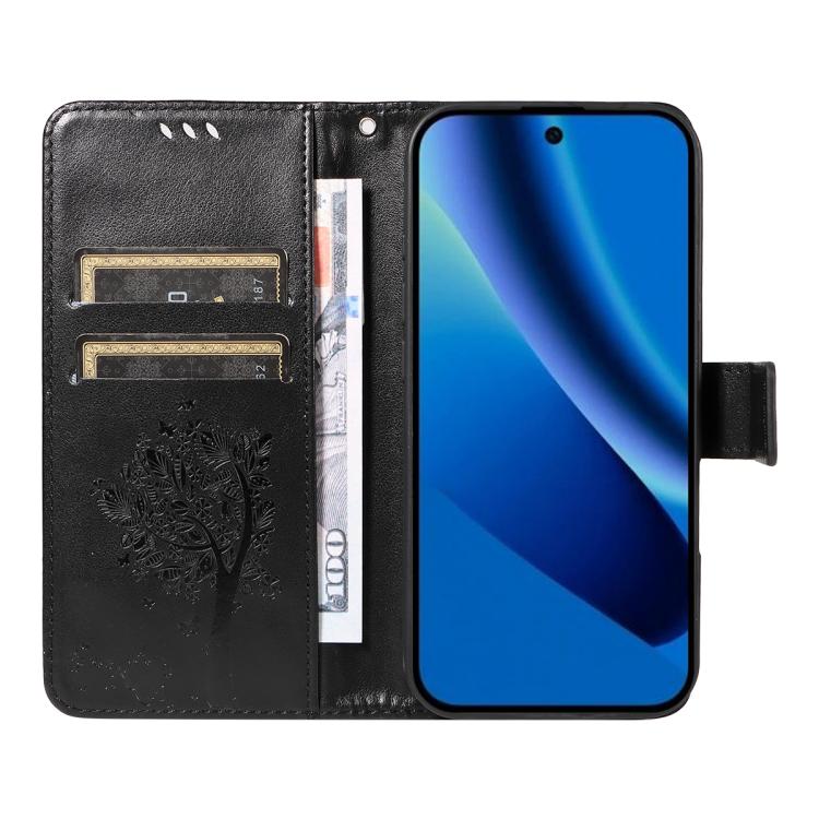 For Google Pixel 10a Tree & Cat Embossed Pattern Flip Leather Phone Case