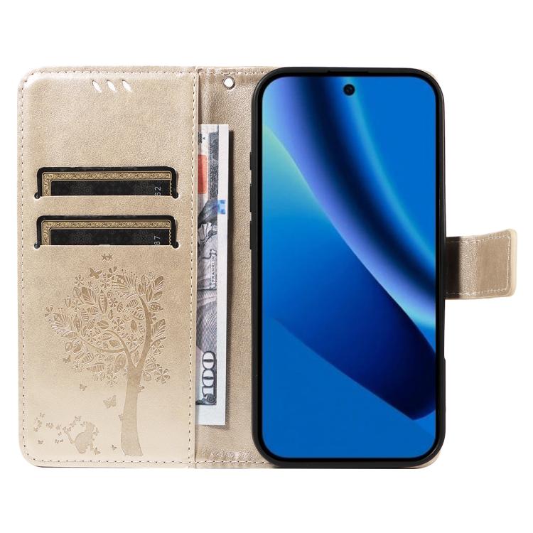 For Google Pixel 10a Tree & Cat Embossed Pattern Flip Leather Phone Case