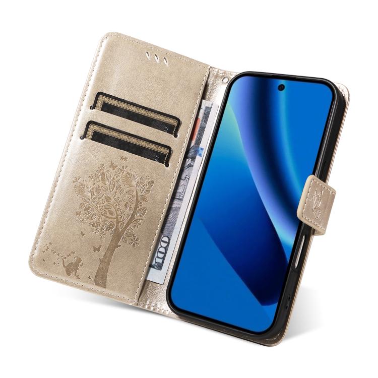 For Google Pixel 10a Tree & Cat Embossed Pattern Flip Leather Phone Case