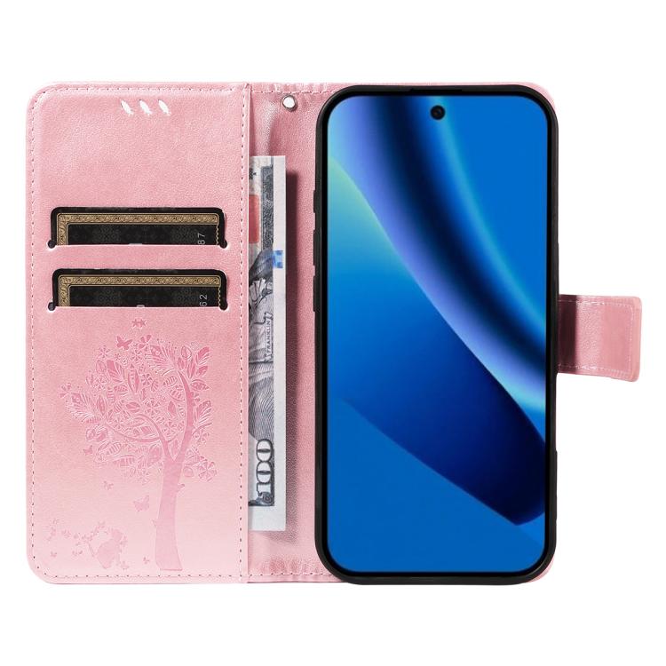 For Google Pixel 10a Tree & Cat Embossed Pattern Flip Leather Phone Case