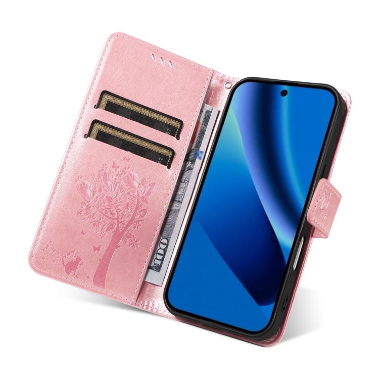 For Google Pixel 10a Tree & Cat Embossed Pattern Flip Leather Phone Case