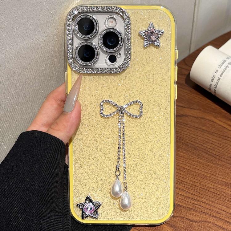 For iPhone 16 Pro Max Solid Color Glitter Powder Rhinestone Tassel Phone Case