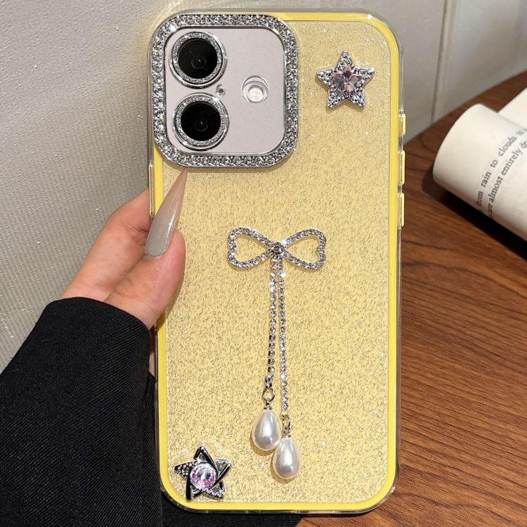 For iPhone 16 Plus Solid Color Glitter Powder Rhinestone Tassel Phone Case