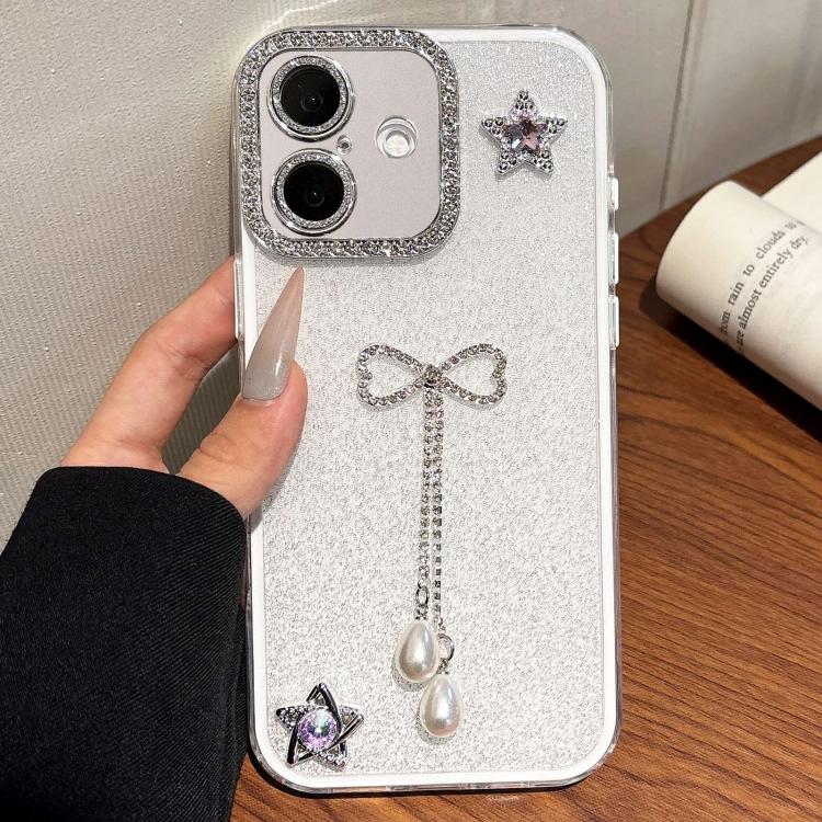 For iPhone 16 Solid Color Glitter Powder Rhinestone Tassel Phone Case