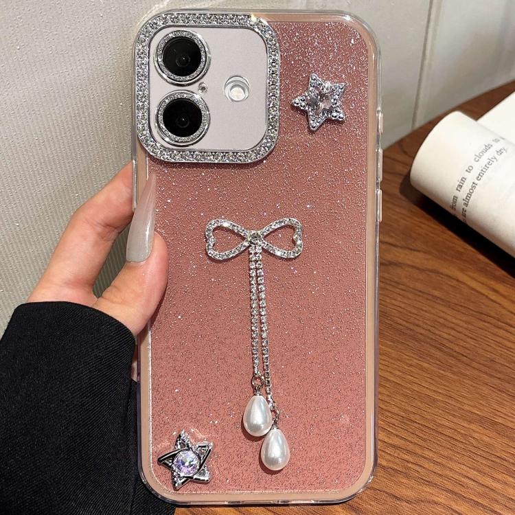 For iPhone 16 Solid Color Glitter Powder Rhinestone Tassel Phone Case