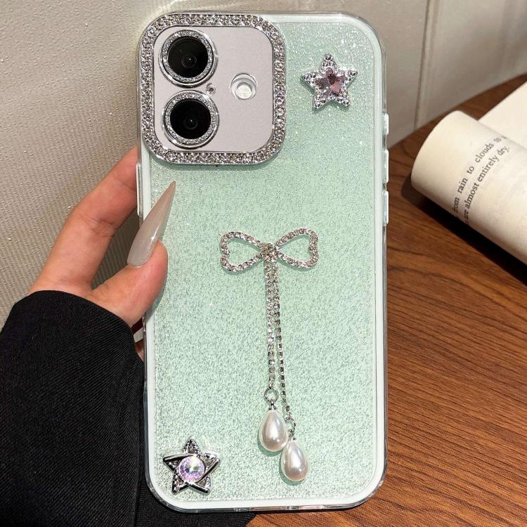 For iPhone 16 Solid Color Glitter Powder Rhinestone Tassel Phone Case