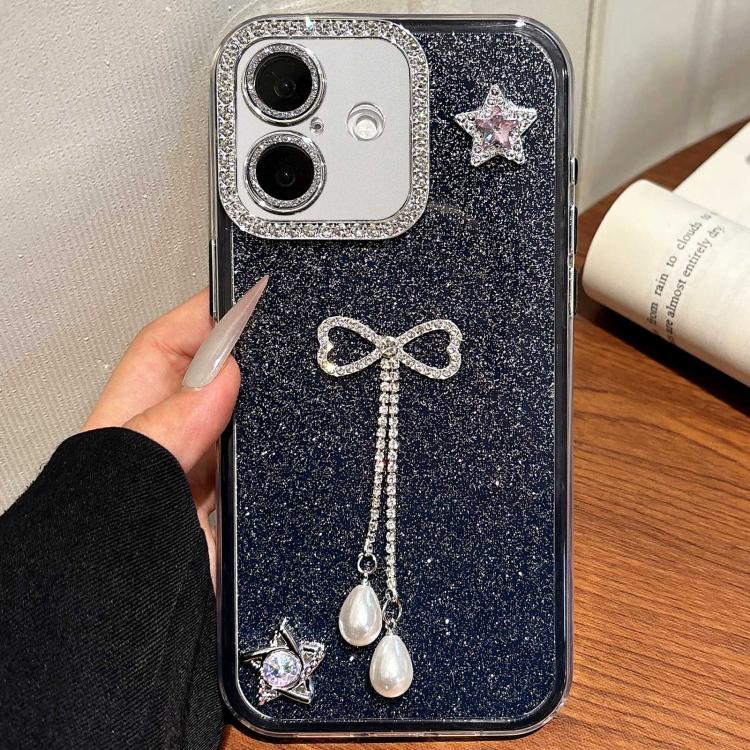 For iPhone 16 Solid Color Glitter Powder Rhinestone Tassel Phone Case