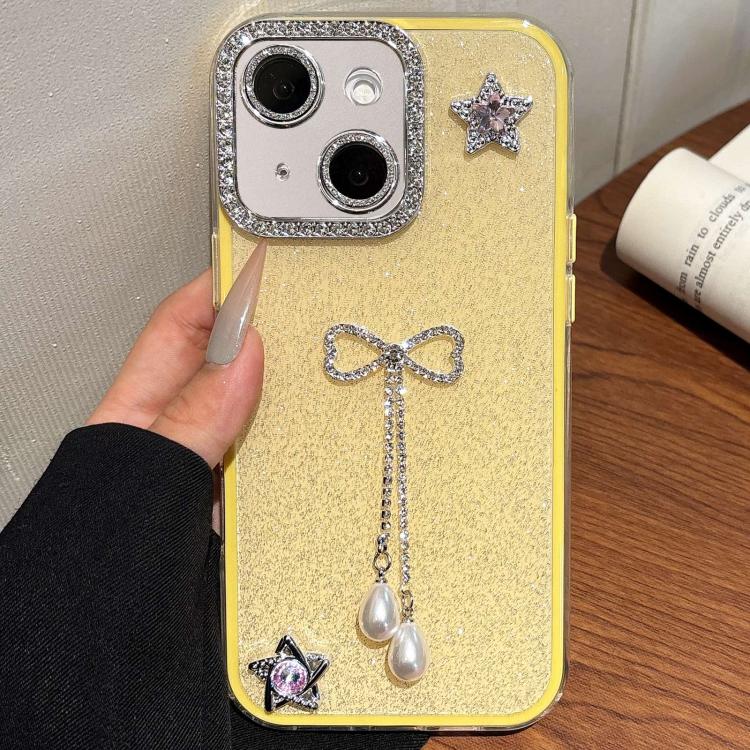 For iPhone 15 Plus / 14 Plus Solid Color Glitter Powder Rhinestone Tassel Phone Case