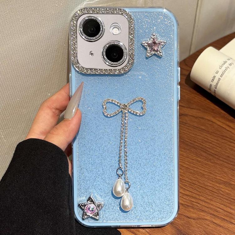 For iPhone 15 Plus / 14 Plus Solid Color Glitter Powder Rhinestone Tassel Phone Case