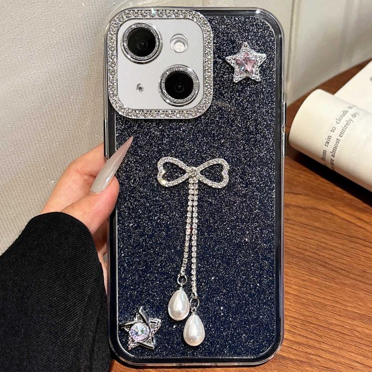 For iPhone 15 Plus / 14 Plus Solid Color Glitter Powder Rhinestone Tassel Phone Case