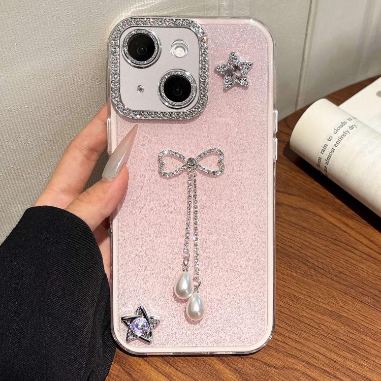 For iPhone 15 Solid Color Glitter Powder Rhinestone Tassel Phone Case