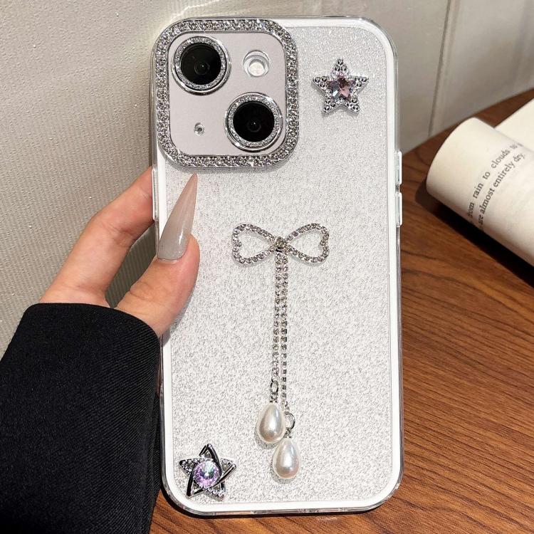 For iPhone 15 Solid Color Glitter Powder Rhinestone Tassel Phone Case