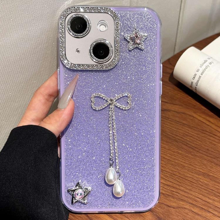 For iPhone 15 Solid Color Glitter Powder Rhinestone Tassel Phone Case
