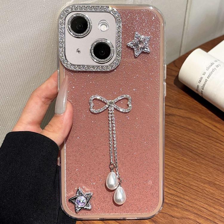 For iPhone 15 Solid Color Glitter Powder Rhinestone Tassel Phone Case