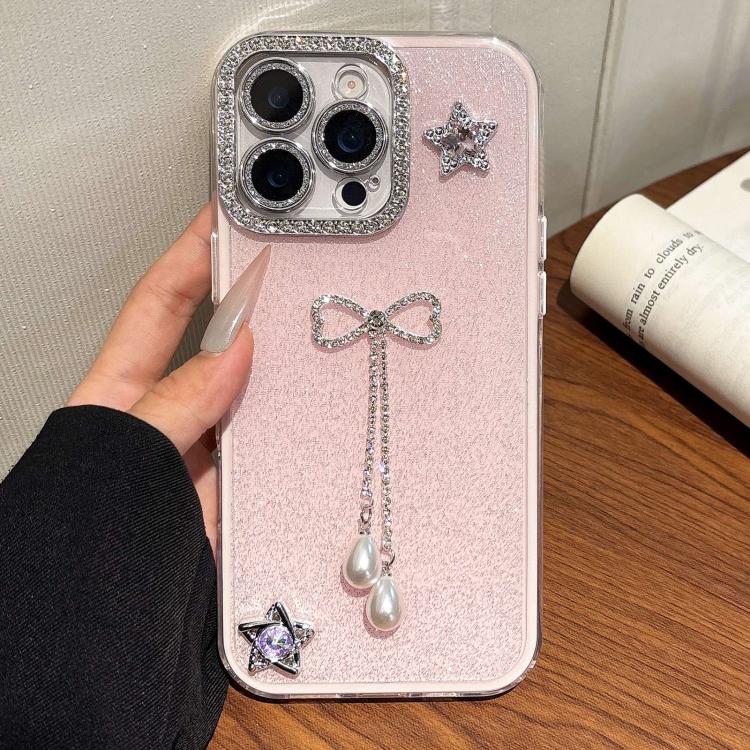 For iPhone 14 Pro Solid Color Glitter Powder Rhinestone Tassel Phone Case