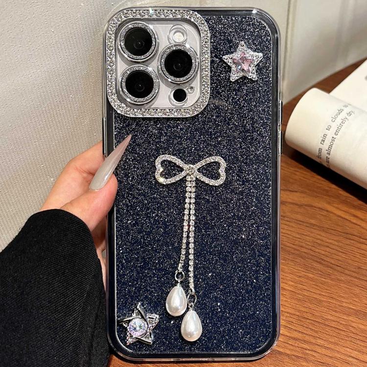 For iPhone 14 Pro Max Solid Color Glitter Powder Rhinestone Tassel Phone Case