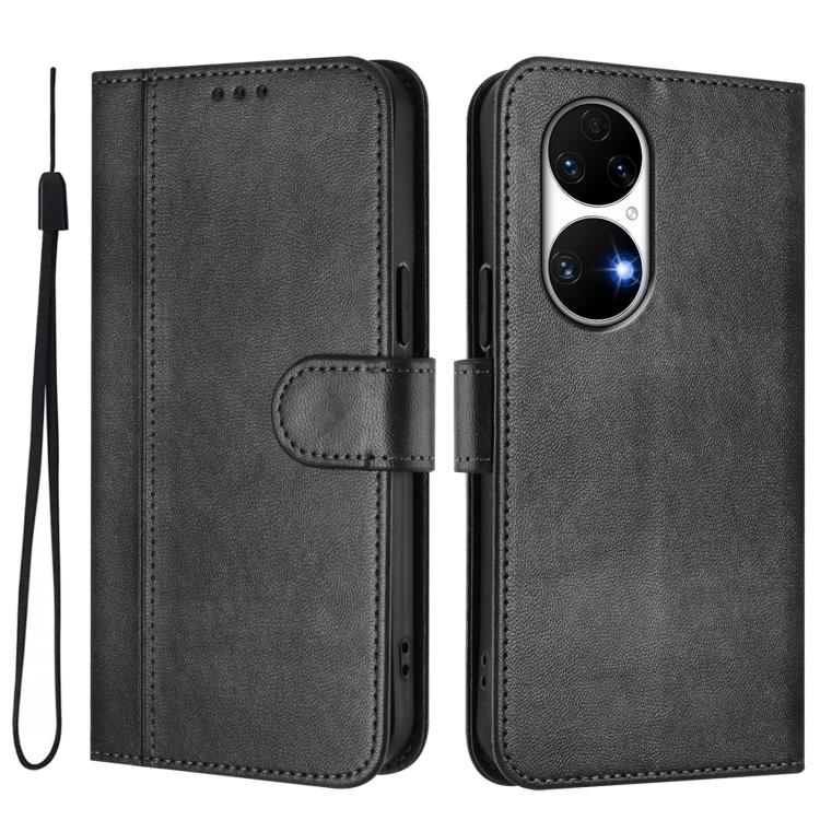 For Huawei P50 Line Splicing Buckle Retro Leather Phone Case