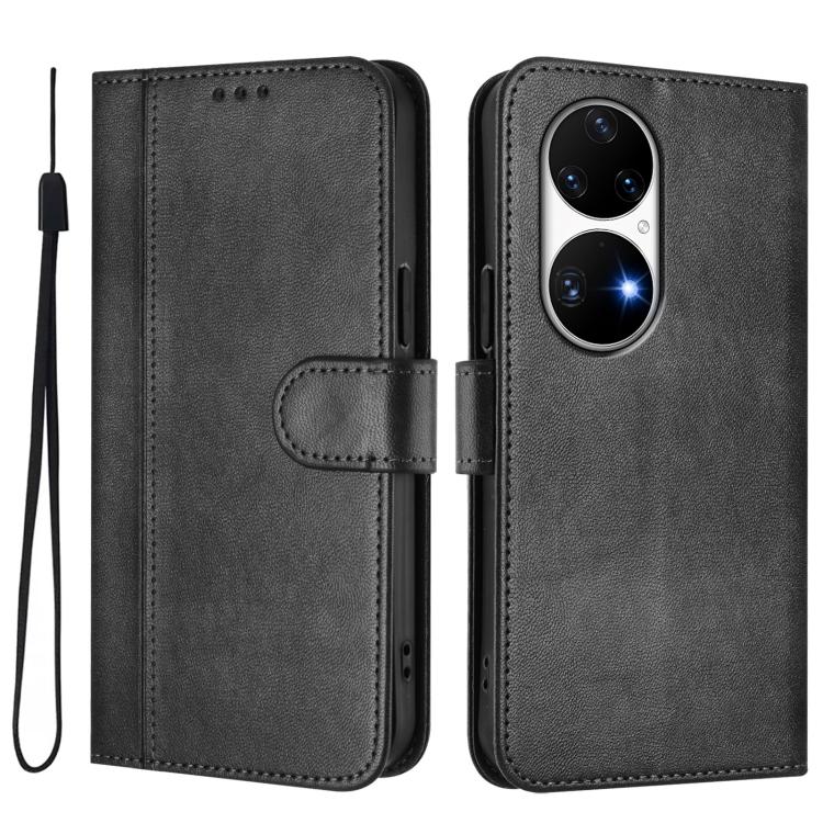 For Huawei P50 Pro Line Splicing Buckle Retro Leather Phone Case