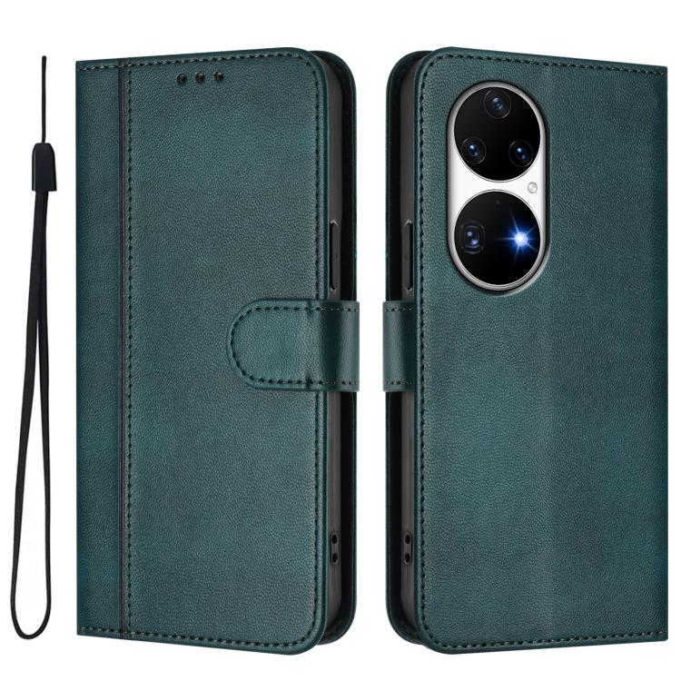 For Huawei P50 Pro Line Splicing Buckle Retro Leather Phone Case