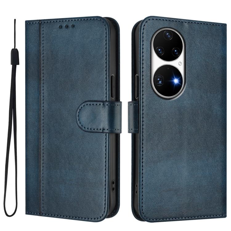 For Huawei P50 Pro Line Splicing Buckle Retro Leather Phone Case
