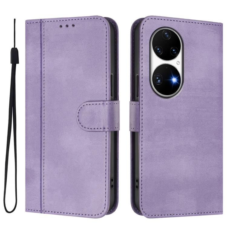 For Huawei P50 Pro Line Splicing Buckle Retro Leather Phone Case