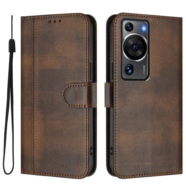 For Huawei P60 / P60 Pro Line Splicing Buckle Retro Leather Phone Case