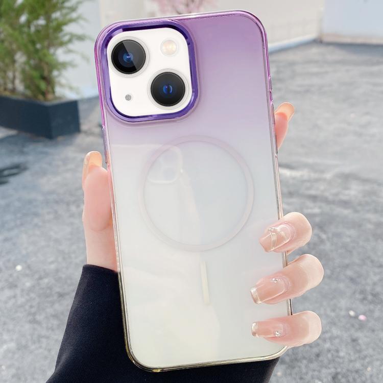For iPhone 15 Metal Lens Frame Gradient PC MagSafe Phone Case