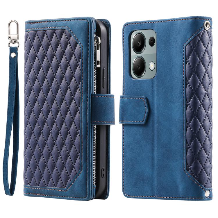For OPPO Reno13 Pro Grid Texture Zipper Leather Phone Case with Lanyard