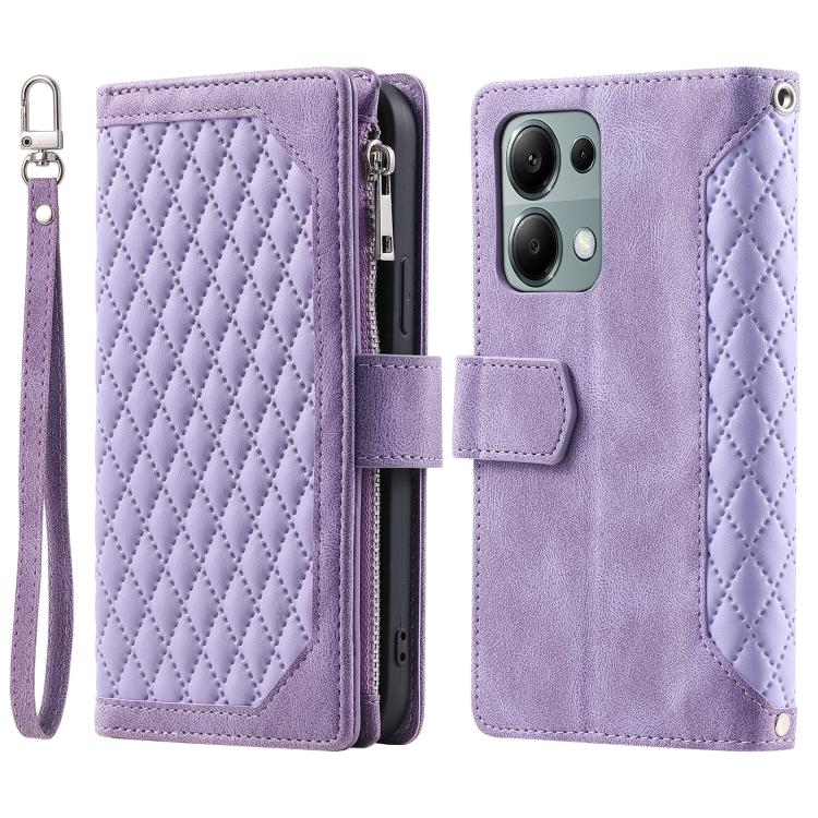 For OPPO Reno13 Pro Grid Texture Zipper Leather Phone Case with Lanyard