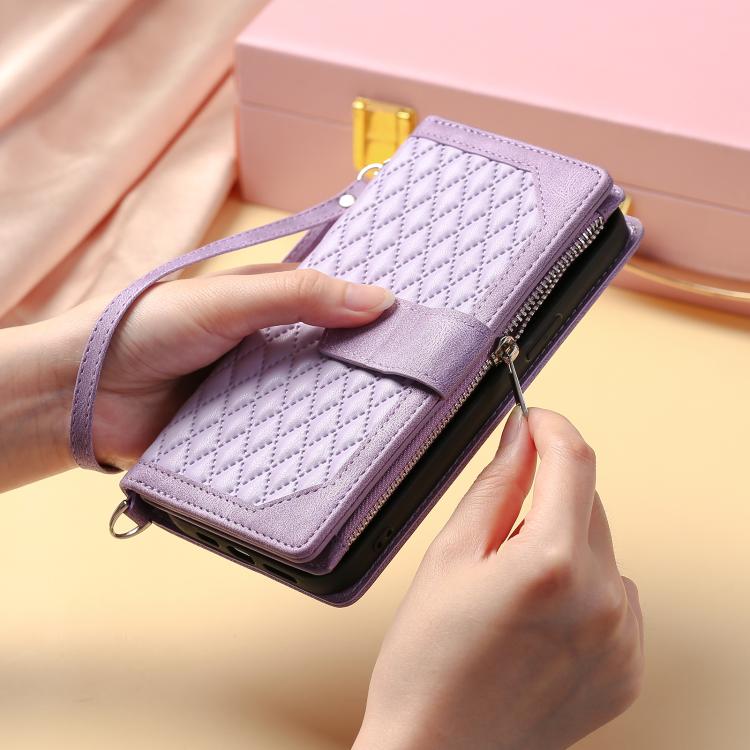 For OPPO Reno13 Pro Grid Texture Zipper Leather Phone Case with Lanyard
