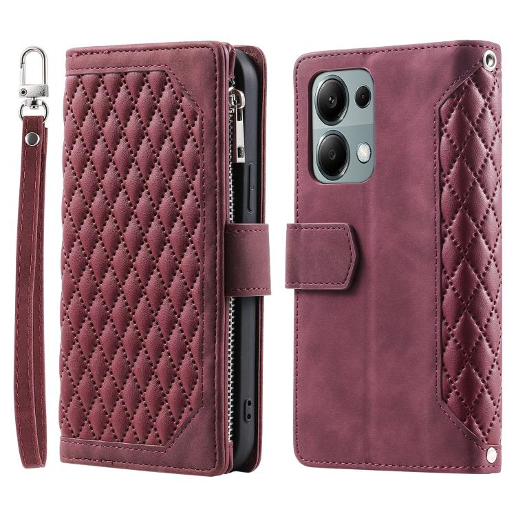 For OPPO Reno13 Pro Grid Texture Zipper Leather Phone Case with Lanyard