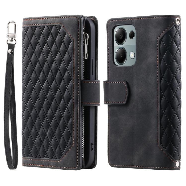 For OPPO Reno13 Pro Grid Texture Zipper Leather Phone Case with Lanyard