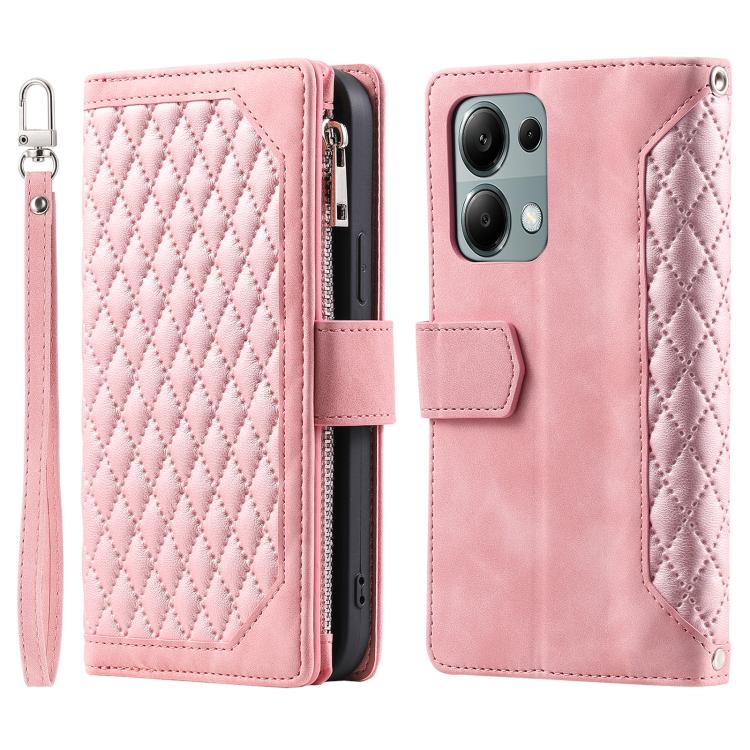For OPPO Reno13 Pro Grid Texture Zipper Leather Phone Case with Lanyard