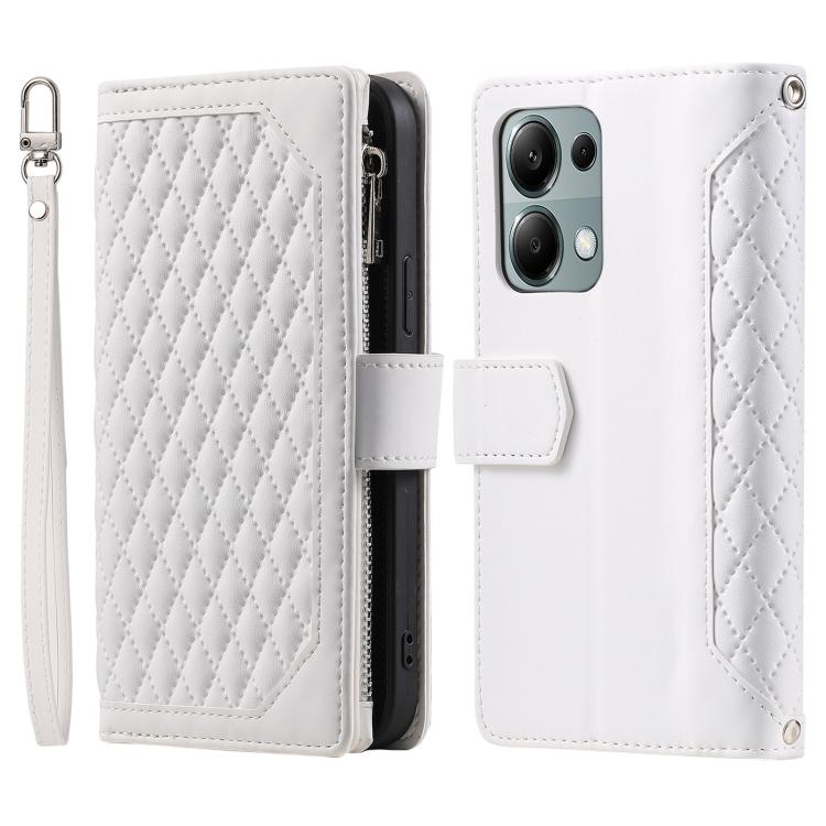 For OPPO Reno13 Pro Grid Texture Zipper Leather Phone Case with Lanyard
