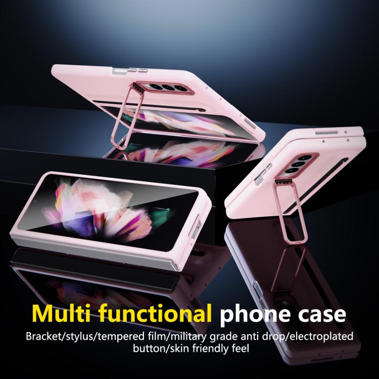 For Samsung Galaxy Z Fold3 5G Integrated Skin Feel Lens Folding Holder Pen Slot Shockproof Phone Case with Pen