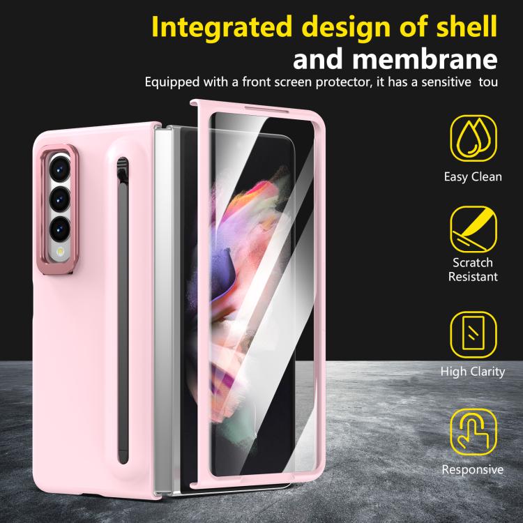 For Samsung Galaxy Z Fold3 5G Integrated Skin Feel Lens Folding Holder Pen Slot Shockproof Phone Case with Pen