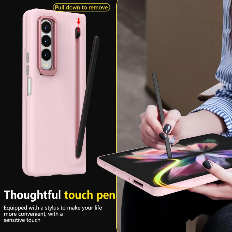 For Samsung Galaxy Z Fold3 5G Integrated Skin Feel Lens Folding Holder Pen Slot Shockproof Phone Case with Pen