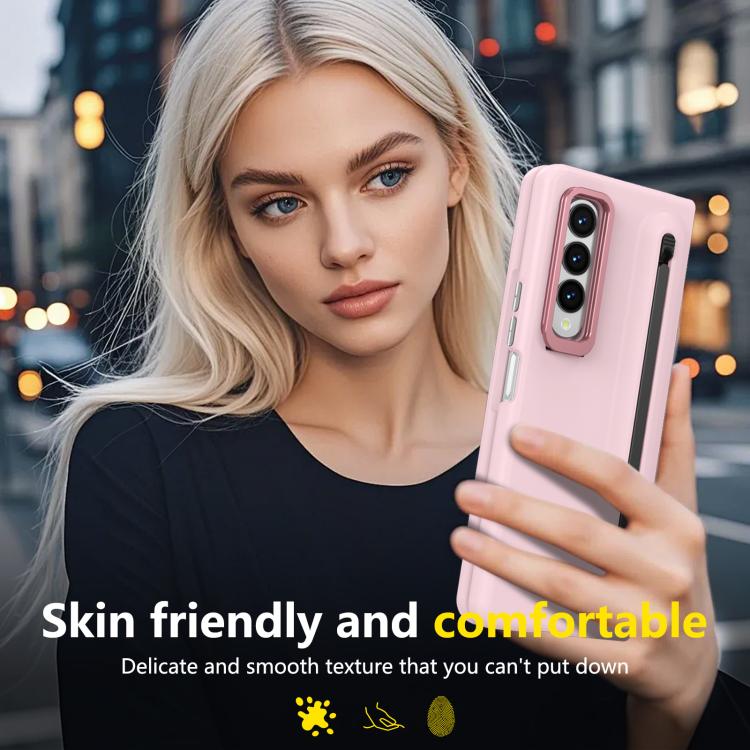 For Samsung Galaxy Z Fold3 5G Integrated Skin Feel Lens Folding Holder Pen Slot Shockproof Phone Case with Pen