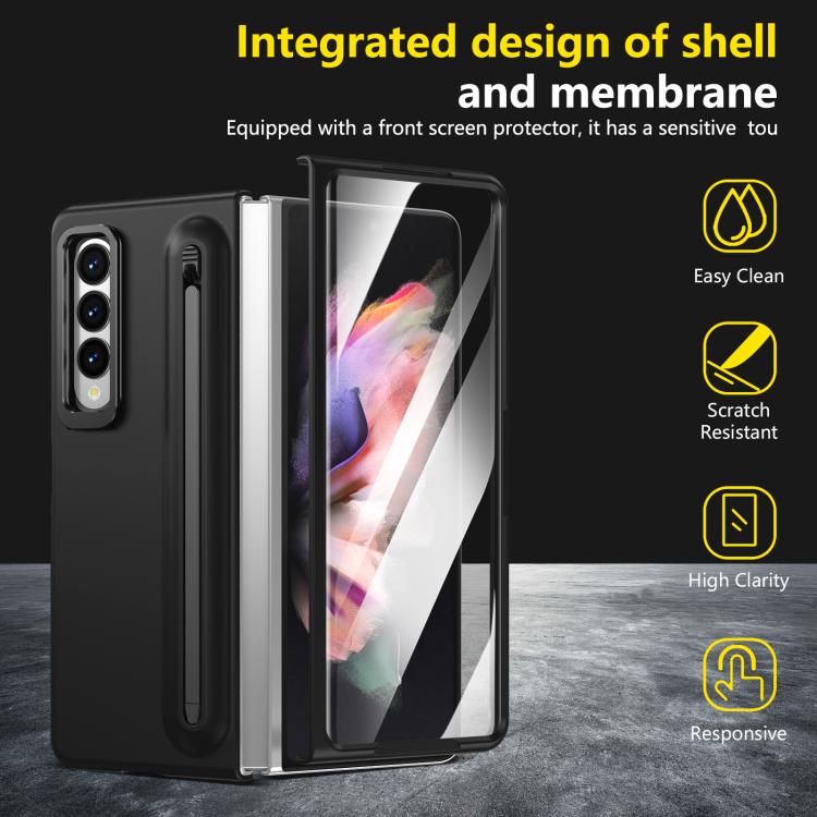 For Samsung Galaxy Z Fold3 5G Integrated Skin Feel Lens Folding Holder Pen Slot Shockproof Phone Case with Pen
