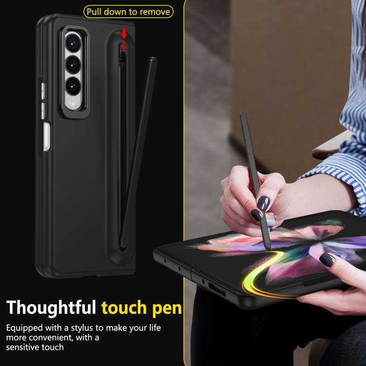 For Samsung Galaxy Z Fold3 5G Integrated Skin Feel Lens Folding Holder Pen Slot Shockproof Phone Case with Pen