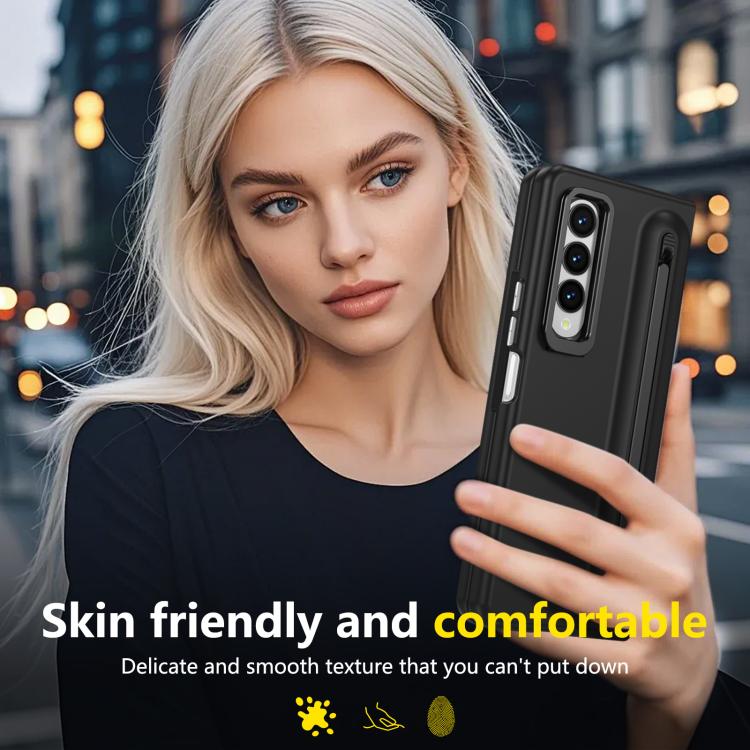 For Samsung Galaxy Z Fold3 5G Integrated Skin Feel Lens Folding Holder Pen Slot Shockproof Phone Case with Pen