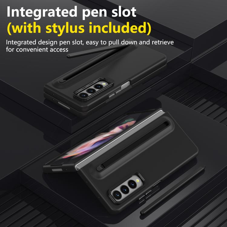 For Samsung Galaxy Z Fold3 5G Integrated Skin Feel Lens Folding Holder Pen Slot Shockproof Phone Case with Pen