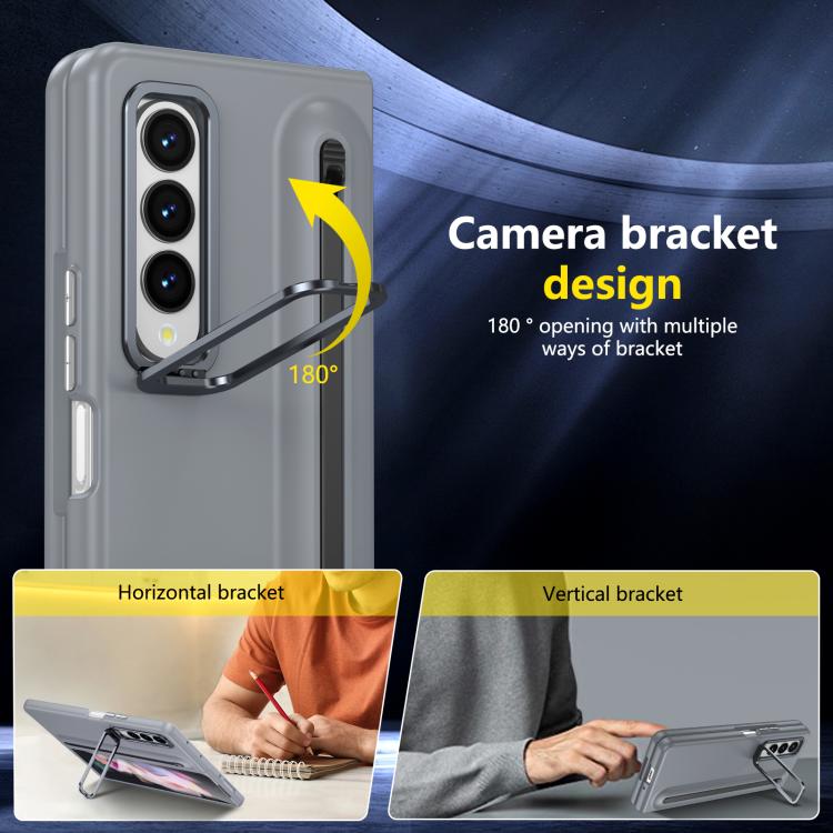For Samsung Galaxy Z Fold3 5G Integrated Skin Feel Lens Folding Holder Pen Slot Shockproof Phone Case with Pen