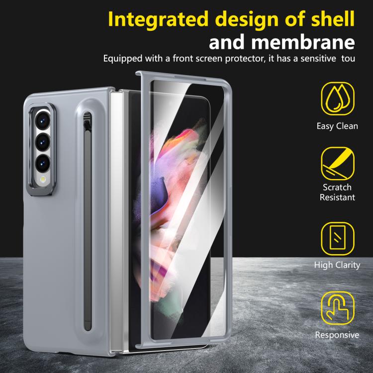 For Samsung Galaxy Z Fold3 5G Integrated Skin Feel Lens Folding Holder Pen Slot Shockproof Phone Case with Pen