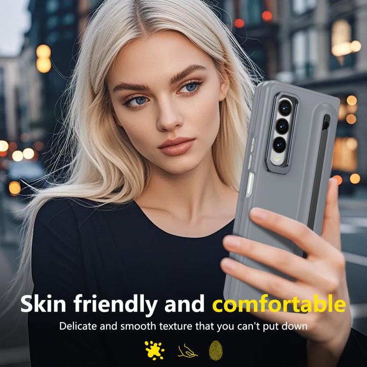 For Samsung Galaxy Z Fold3 5G Integrated Skin Feel Lens Folding Holder Pen Slot Shockproof Phone Case with Pen