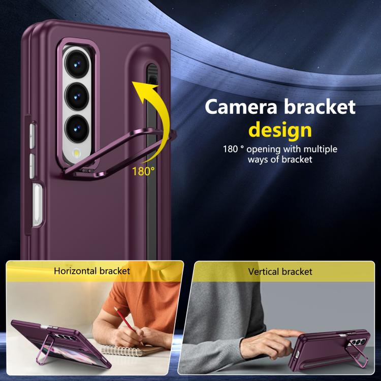 For Samsung Galaxy Z Fold3 5G Integrated Skin Feel Lens Folding Holder Pen Slot Shockproof Phone Case with Pen