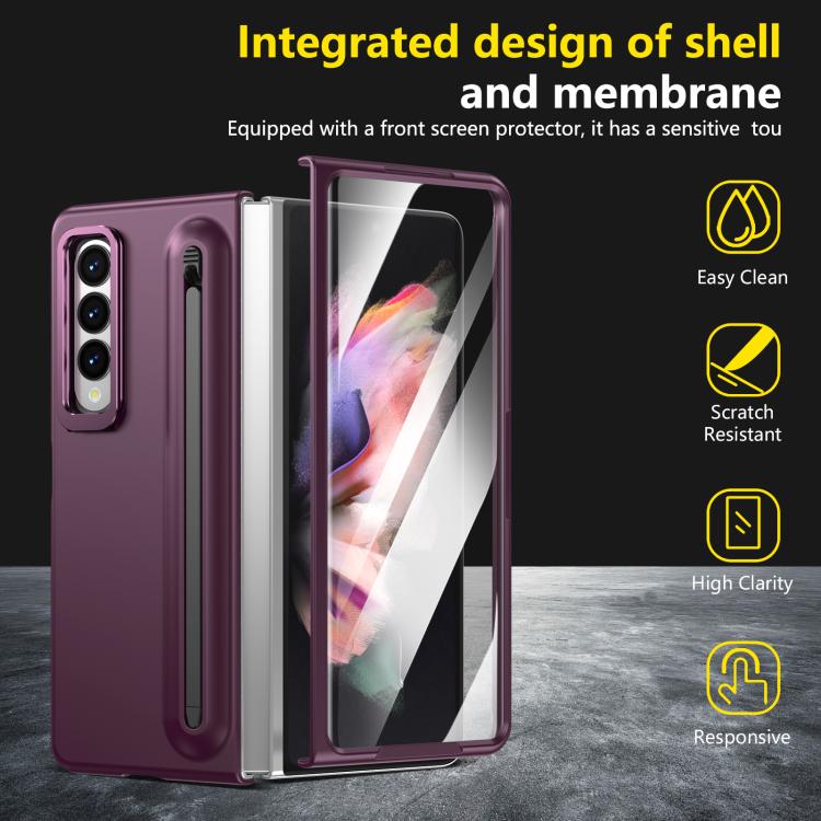 For Samsung Galaxy Z Fold3 5G Integrated Skin Feel Lens Folding Holder Pen Slot Shockproof Phone Case with Pen