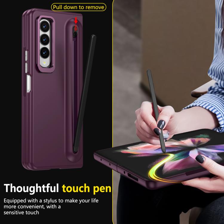 For Samsung Galaxy Z Fold3 5G Integrated Skin Feel Lens Folding Holder Pen Slot Shockproof Phone Case with Pen