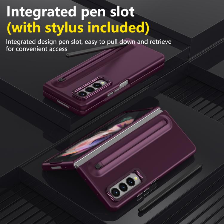 For Samsung Galaxy Z Fold3 5G Integrated Skin Feel Lens Folding Holder Pen Slot Shockproof Phone Case with Pen