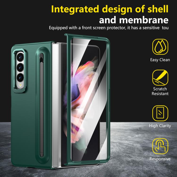 For Samsung Galaxy Z Fold3 5G Integrated Skin Feel Lens Folding Holder Pen Slot Shockproof Phone Case with Pen